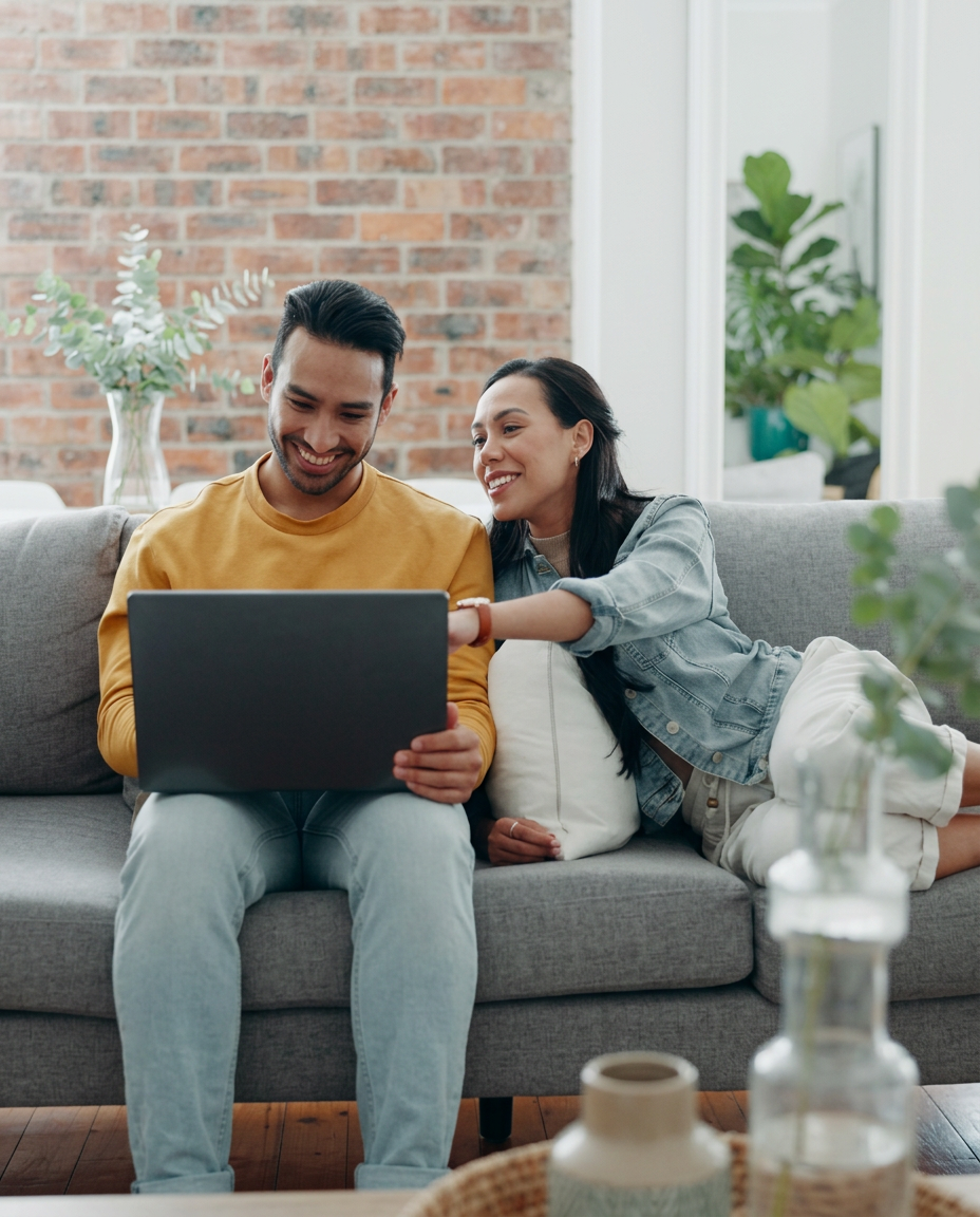 A smiling couple on a couch looking at a laptop together in a bright home