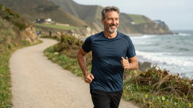 A man jogging outdoors on a scenic coastal path, staying active and healthy