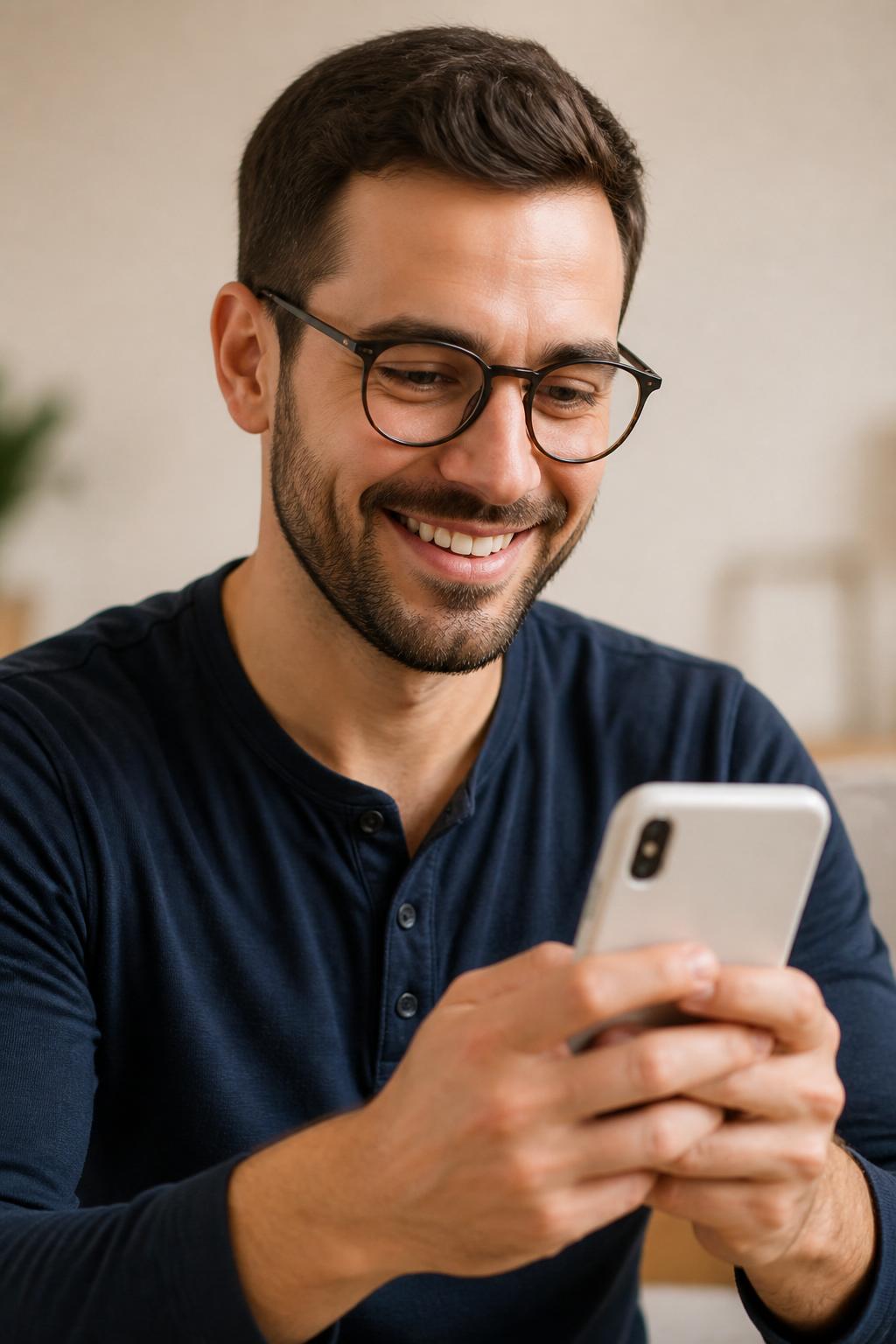 Man smiling while using his phone for a Lyla Health virtual visit