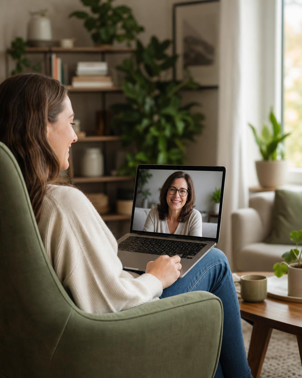 A woman having a virtual therapy session from a cozy sage green armchair at home