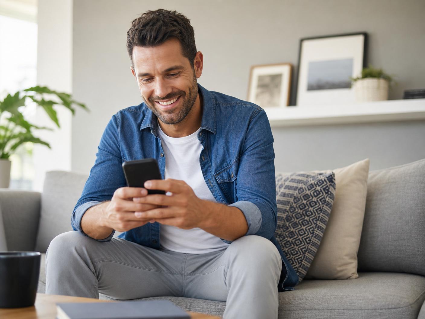 A person smiling gently while connecting with their therapist on a smartphone at home