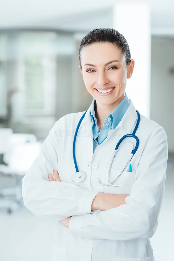 Portrait of a smiling physician in a white coat
